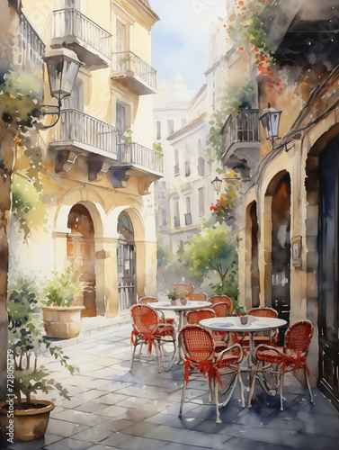 Cozy european Spain cafe outdoor, watercolor © Olivia
