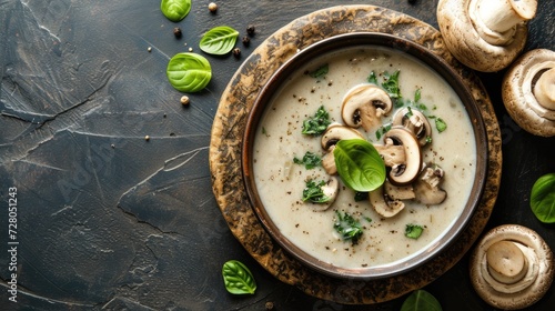 mushroom cream soup in a visually enticing photograph, showcasing the creamy texture and rich flavor of the soup in a bowl from a top-down perspective, leaving ample space for personalized text. © lililia