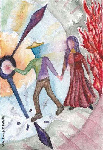 Photos Watercolor sketch with a man and a woman holding hands in an abstract environment