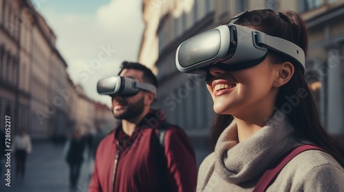 Enthralled by virtual reality, individuals navigate city streets with VR goggles, immersed in alternate digital realms.