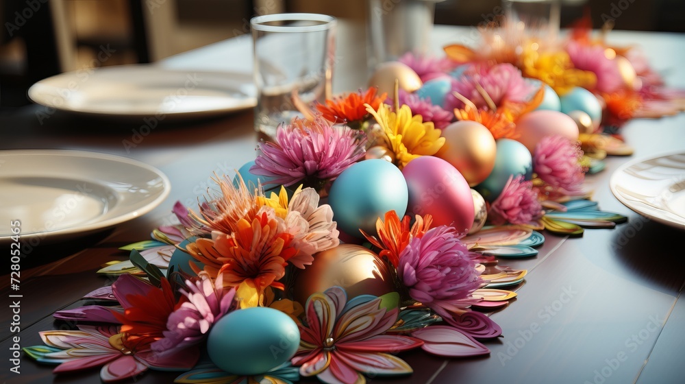 A dining table adorned with a spring inspired table runner. A dining table adorned with a spring inspired table runner.