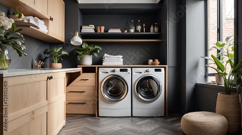 Dark Gray Herringbone Floor Tile in a Functional Laundry Room with Light Wood Cabinetry