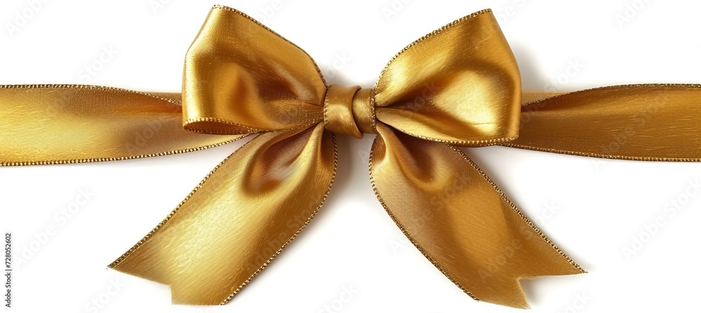 Shiny gold gift bow on white background with ample copy space for text or personalized messages. Shiny gold gift bow on white background with ample copy space for text or personalized messages.