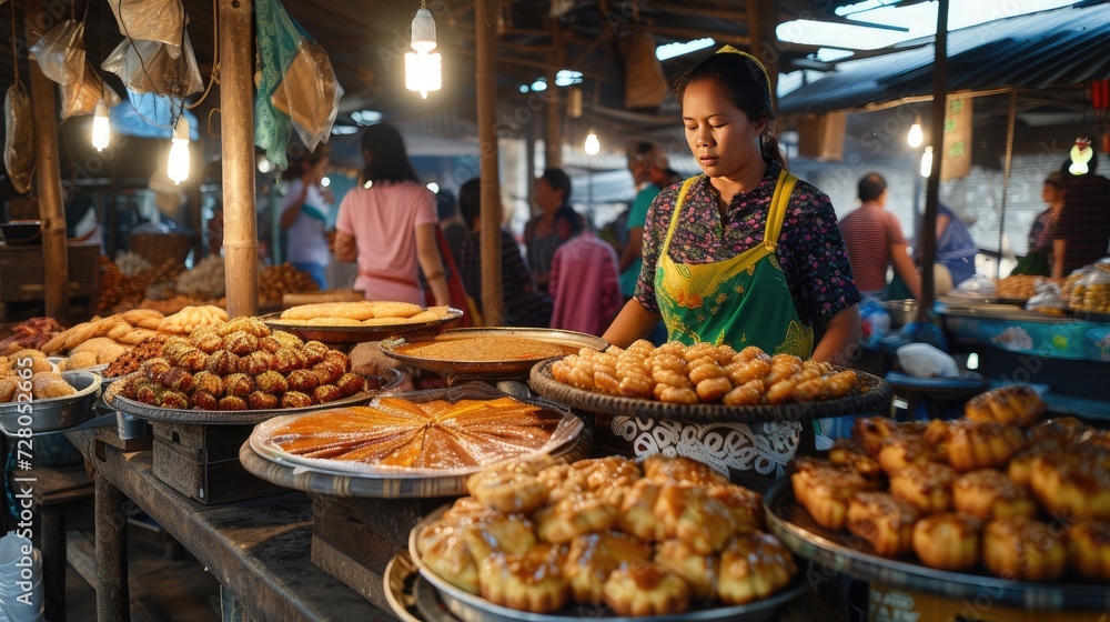 Fototapeta premium Myanmar's traditional dessert, divided into neatly arranged pieces for sale, crafted from sticky rice, offering a tantalizing glimpse into the country's rich culinary heritage and cultural flavors.