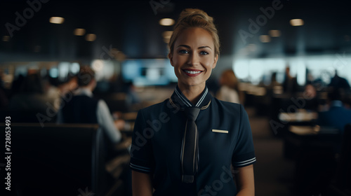 Smiling Flight attendant in uniform looking at the camera in an airport