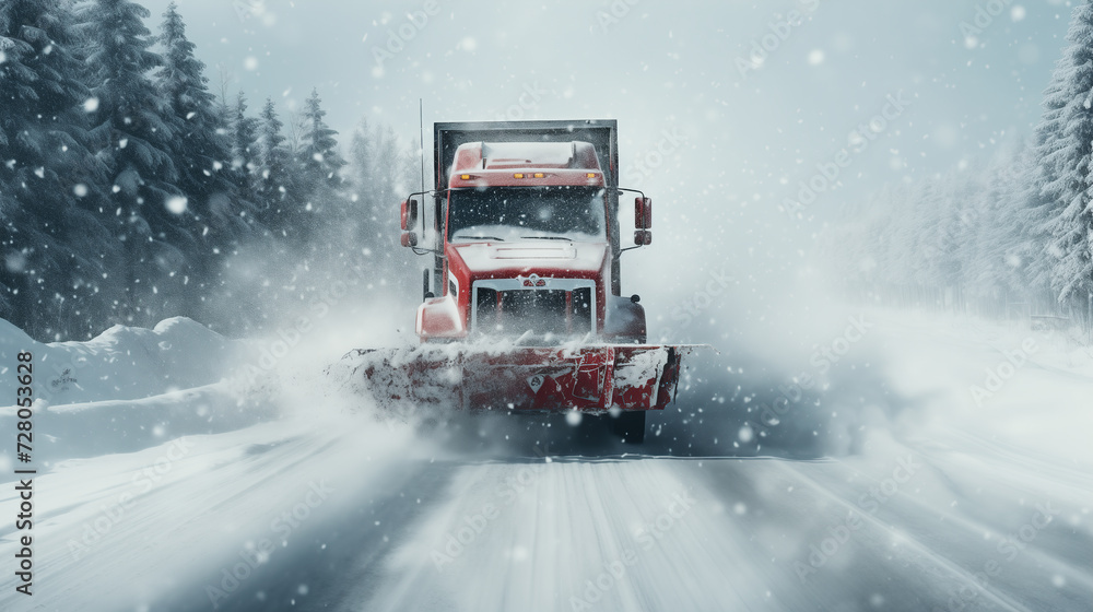 Snow removal vehicle cleaning the road in the countryside during heavy snowstorm. Red snowplough working on a highway in a remote rural location in cold climate during winter. Snow removal vehicle cleaning the road in the countryside during heavy snowstorm. Red snowplough working on a highway in a remote rural location in cold climate during winter.