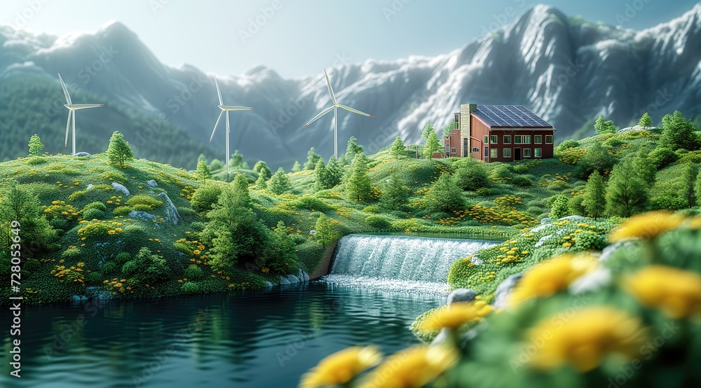 Tranquil 3D river valley with green energy infrastructure like