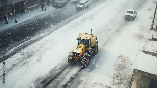 Yellow tractor working on dirty snowy street in the city. Snowplough cleaning the urban road and removing snow after snowfall. Snow removal in winter. View from above, top view.