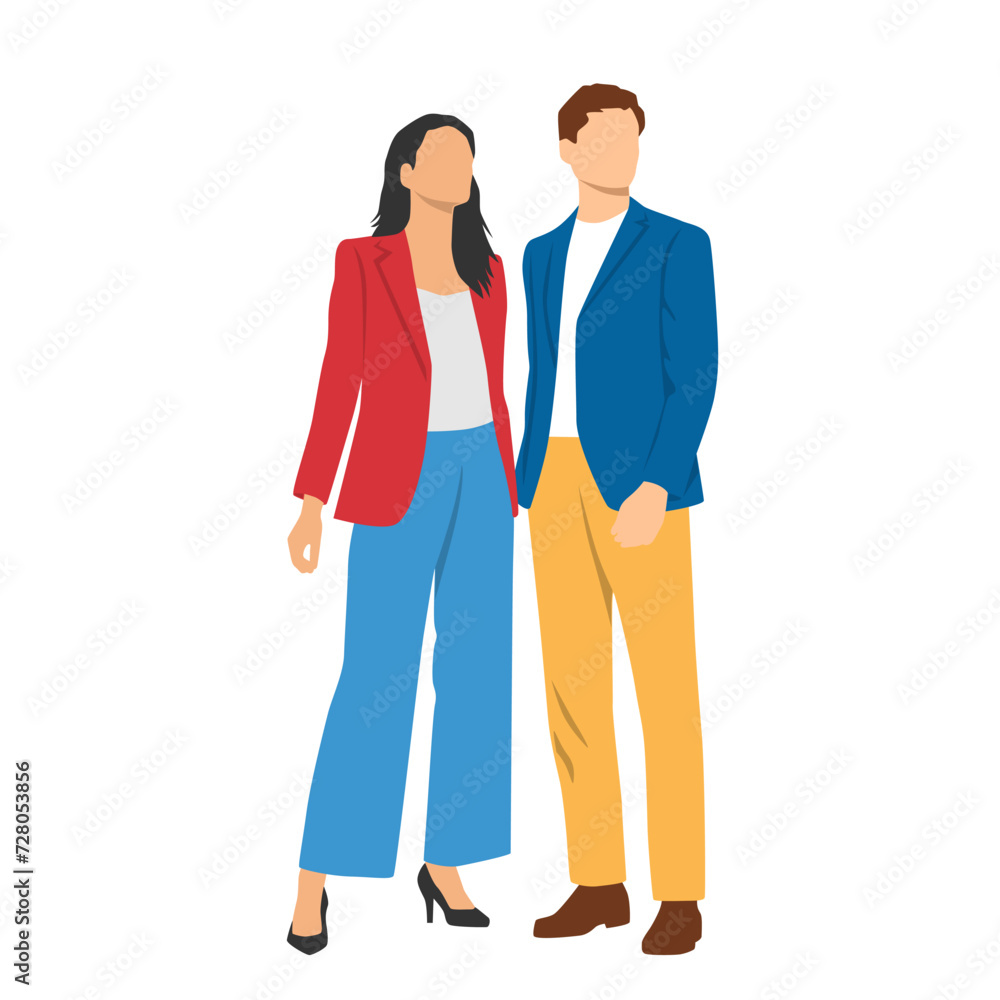  Set of young man and woman , profile, different colors, cartoon character, couple of silhouettes of standing business people, students, design concept of flat icon, isolated on white background