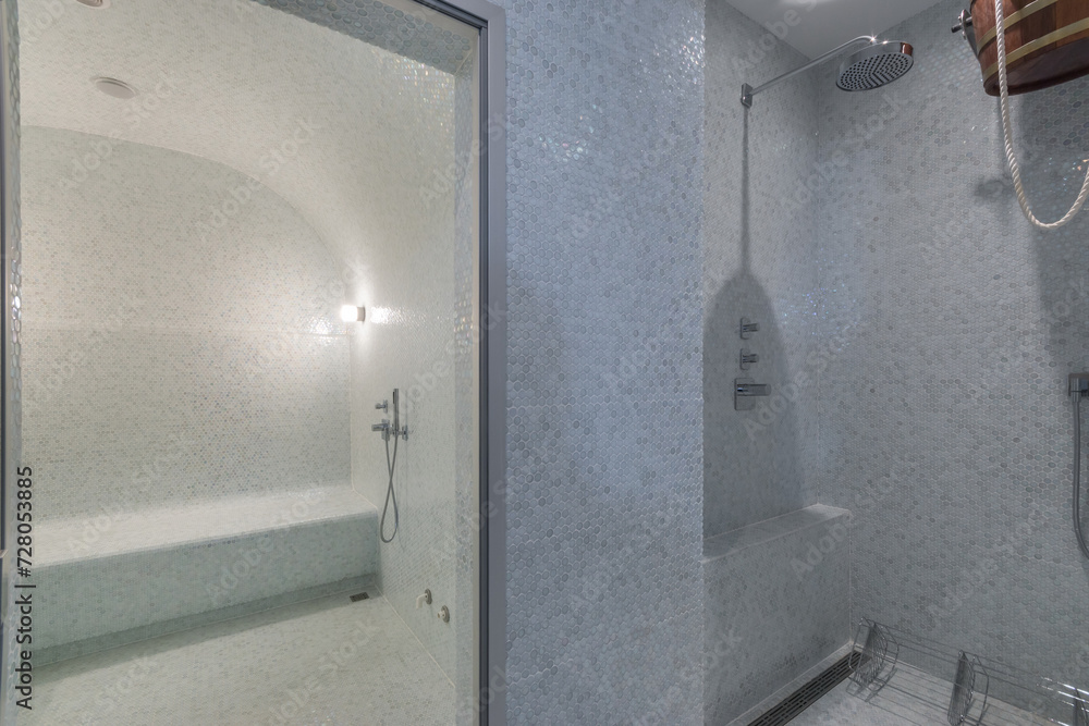 Elegant bathroom, decorated with light blue mosaic tiles, with a shower and a glass door to the Turkish bath. Elegant bathroom, decorated with light blue mosaic tiles, with a shower and a glass door to the Turkish bath.