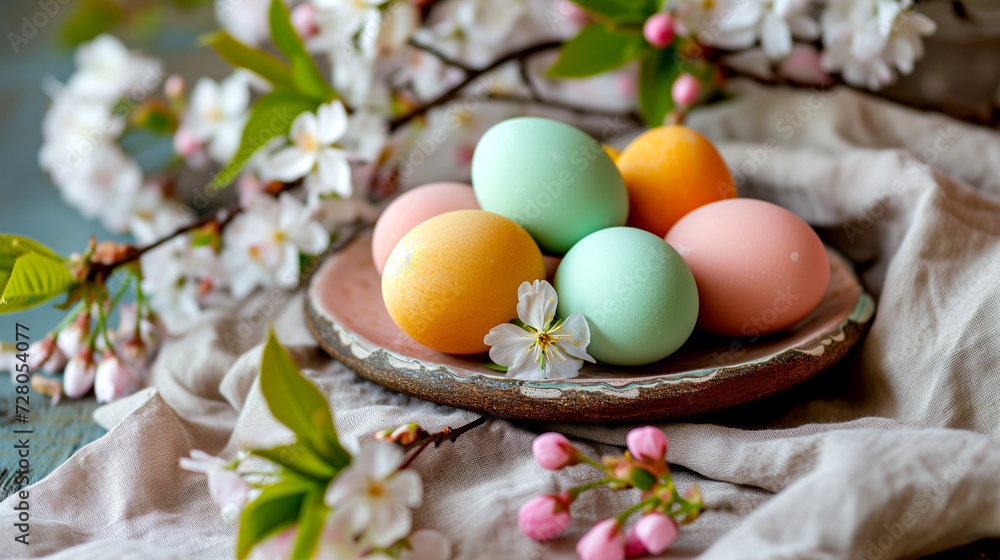 Easter still life with colorful eggs and sakura branches close-up