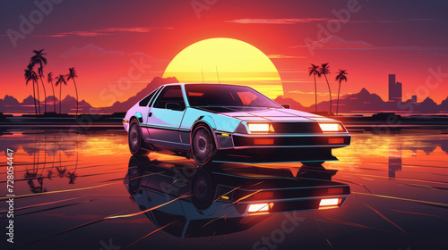 Fototapeta A sci-fi retro car on a sunset background