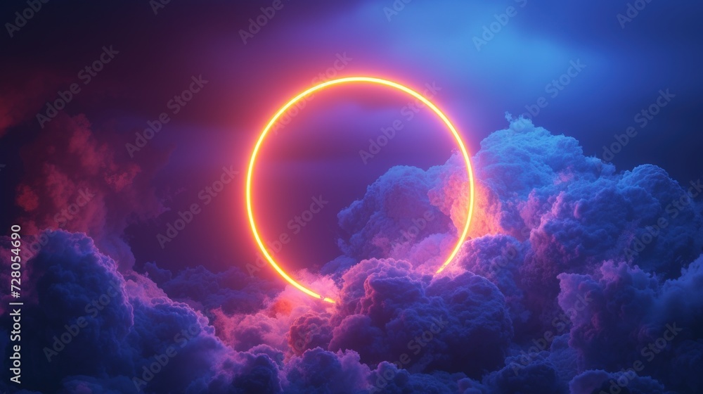 3d render, neon light rings illuminate the clouds with in the dark night sky. Round shining shape