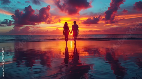 Romantic Couple Holding Hands on Beach at Sunset