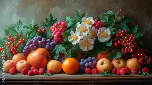 Still Life of Fruit and Flowers on a Table