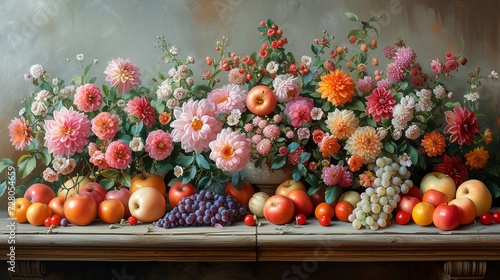 Still Life of Flowers and Fruit on a Table