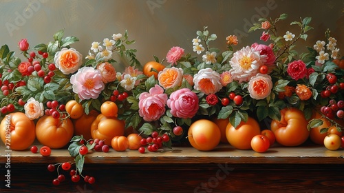 Painting of Flowers and Fruit on a Table