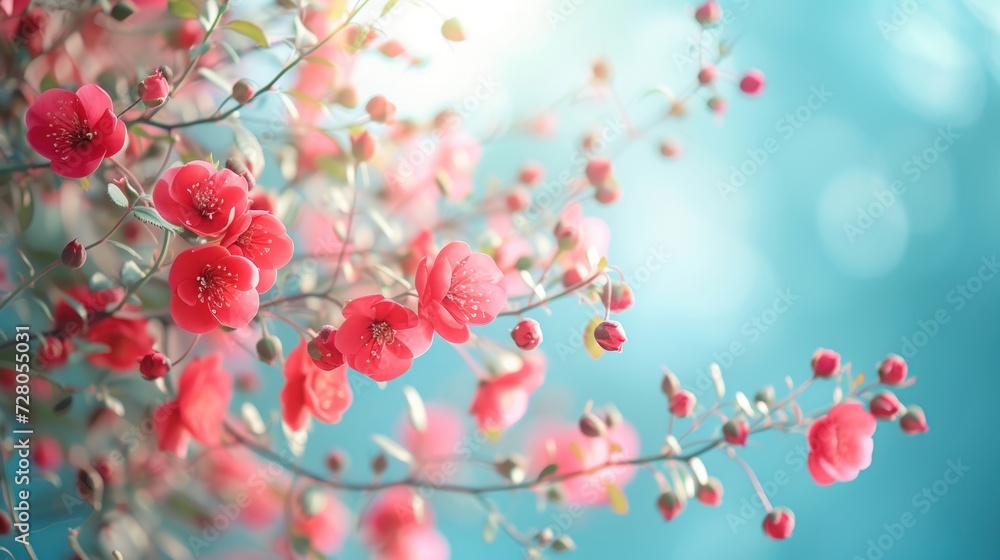 Beautiful spring border, Close-up of blooming roses on a blurred blue background. generative AI