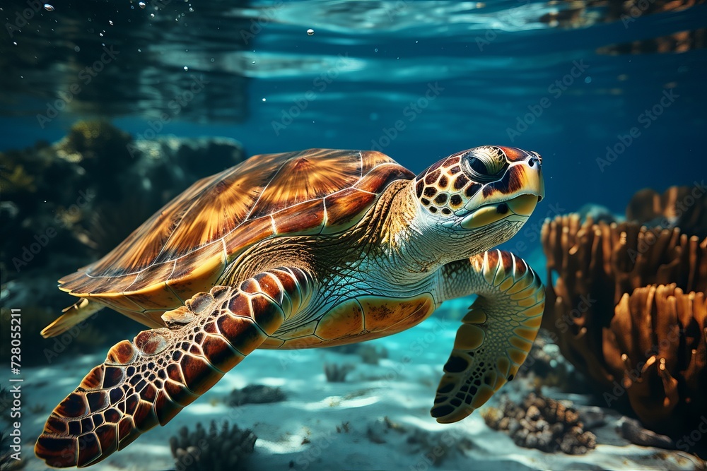 Obraz premium Underwater view of a magnificent sea turtle gracefully swimming