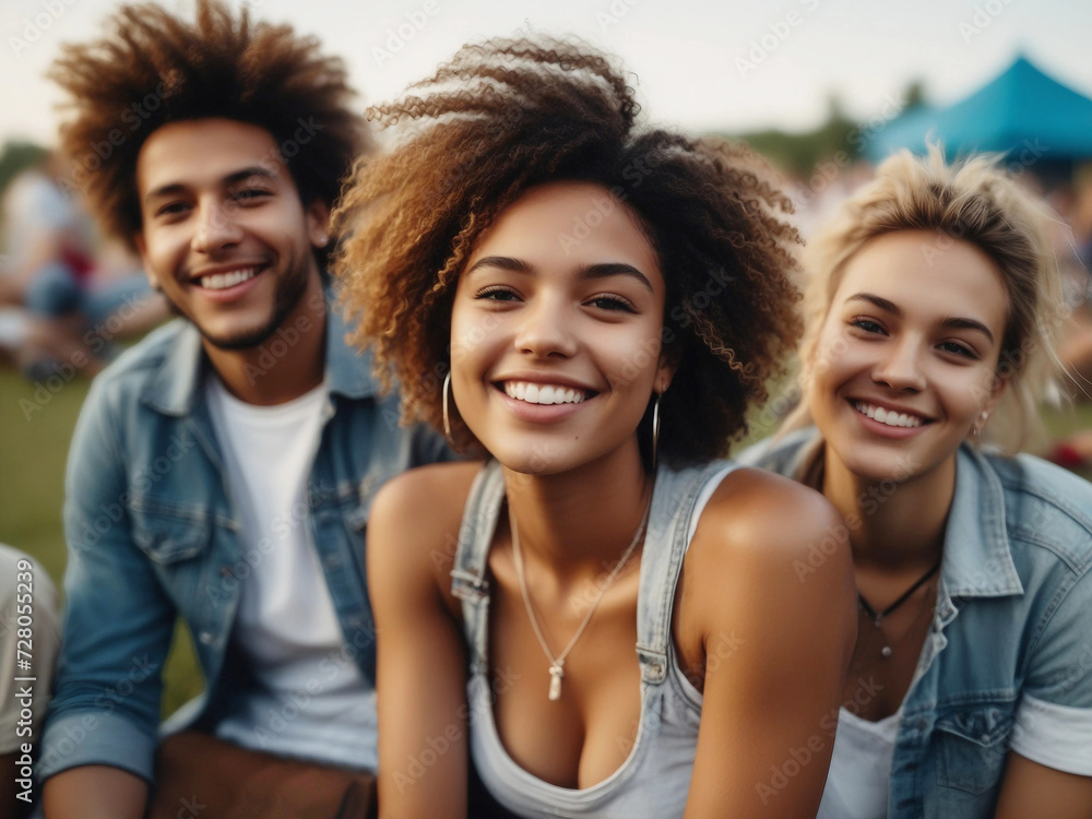 Happy multiethnic young people enjoying a summer music festival concert sitting on the park Happy multiethnic young people enjoying a summer music festival concert sitting on the park