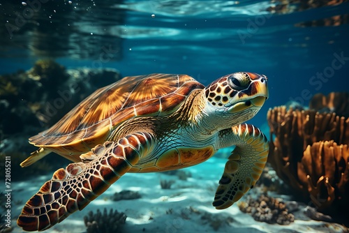 Underwater view of a magnificent sea turtle gracefully swimming
