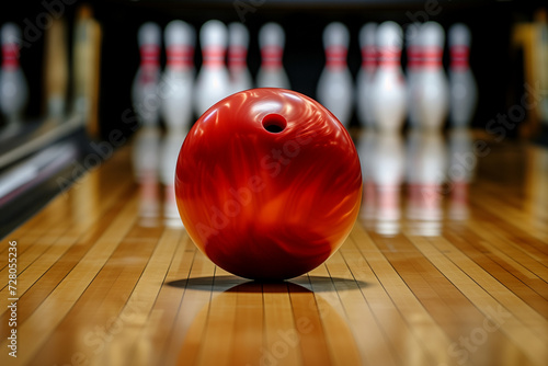 Action shot of a bowling ball striking pins from below