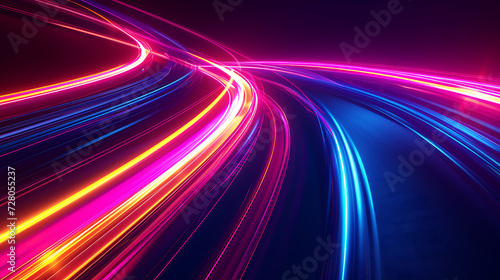 Fantastic neon background with colorful speedway lines  resembling a glowing energy stream  power jet  and curvy ribbon