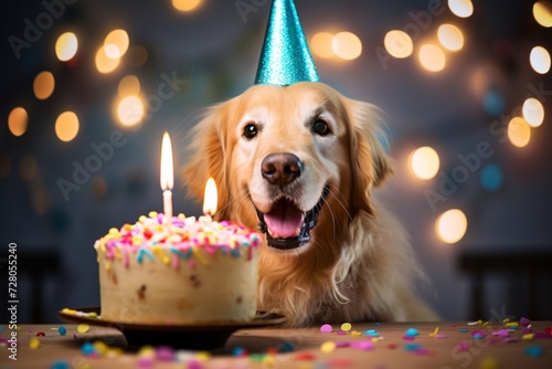  Dog celebrates Birthday with cake and festive hat 