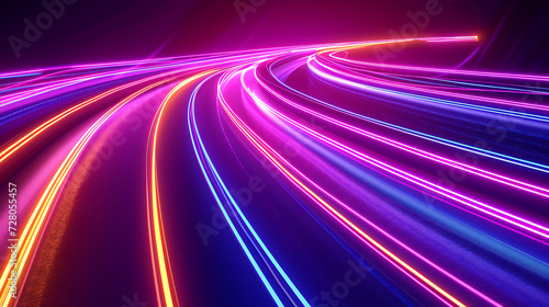Fantastic neon background with colorful speedway lines, resembling a glowing energy stream, power jet, and curvy ribbon