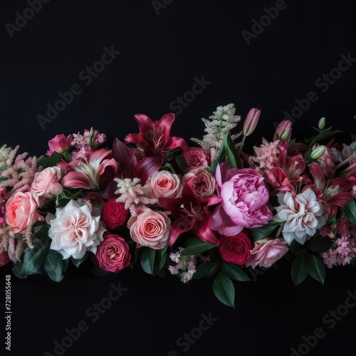 a bouquet of vibrant peonies, roses, tulips, lilies, and hydrangeas against a sleek black background, leaving ample space in the center for text, showcasing the beauty of these floral varieties. © lililia