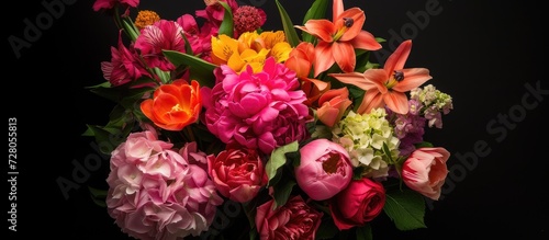 Wallpaper Mural a bouquet of vibrant peonies, roses, tulips, lilies, and hydrangeas against a sleek black background, leaving ample space in the center for text, showcasing the beauty of these floral varieties. Torontodigital.ca