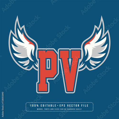PV wings logo vector with editable text effect. Editable letter PV college t-shirt design printable text effect vector