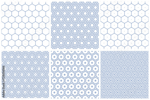 Seamless Geometric Hexagons Blue Patterns with Honeycomb Motif.
