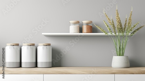 kitchen organization with white and light grey smooth ceramic jars meticulously arranged for cereals, neatly displayed on a kitchen shelf, radiating a sense of freshness and sophistication. photo