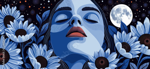 Surreal esoteric illustration of a woman at night with stars and moon