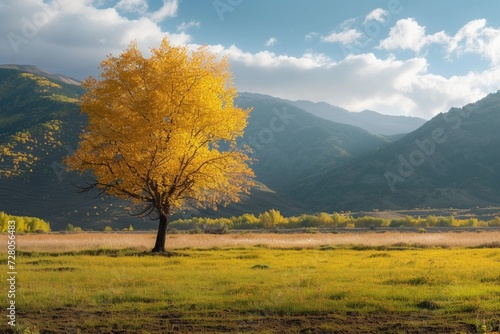 panoramic landscape at autumn with tree and mountain