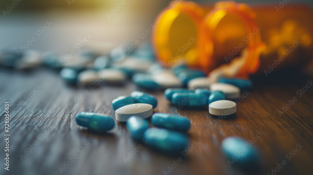 Photograph of prescription pills scattered on the table with open pill bottles. The effect of drug addiction in the healtcare industry. - obrazy, fototapety, plakaty 