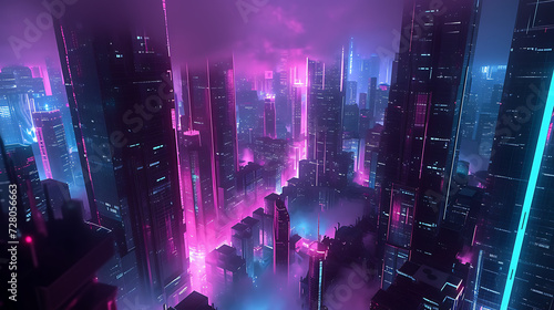 Futuristic 3D render of a neon-lit cityscape, with towering buildings and glowing lights against a dark backdrop