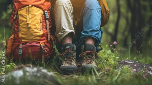 Summer Hiking gear in the Forest, Backpack and Trek Shoes for Climber Camping, Adventure Concept photo