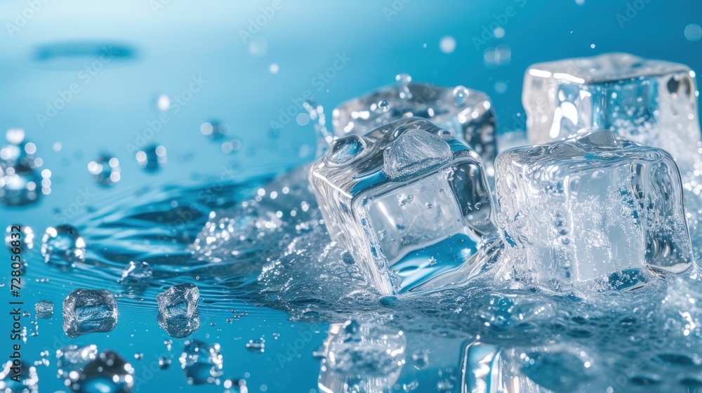 Close up of Ice cubes with melt water on blue background. Ice concept for drinks. generative AI Close up of Ice cubes with melt water on blue background. Ice concept for drinks. generative AI
