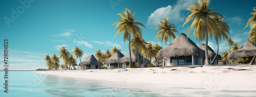 Bungalows, Holzhütten im Paradies, Ferienunterkünfte an einem Sandstrand unter Palmen, Strand im Paradies © GreenOptix