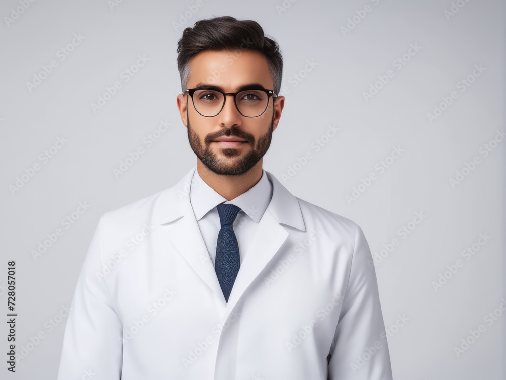 Man portrait of a doctor wearing a white coat and eyeglasses Man portrait of a doctor wearing a white coat and eyeglasses