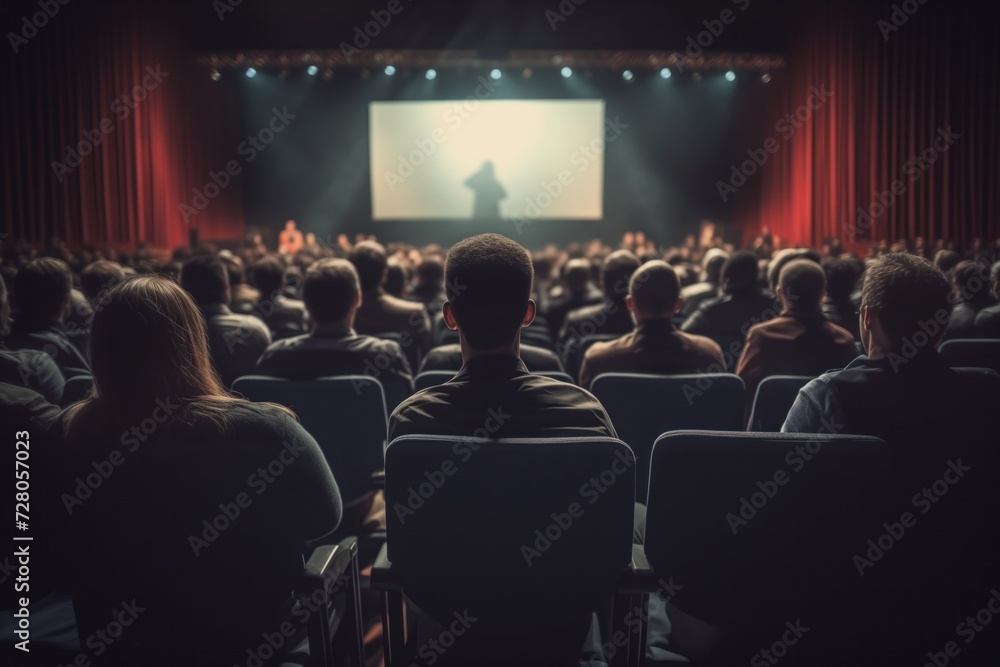 An audience in a conference hall focuses on a presenter, intentionally out of focus on stage, highlighting the engagement and interest of the viewers An audience in a conference hall focuses on a presenter, intentionally out of focus on stage, highlighting the engagement and interest of the viewers