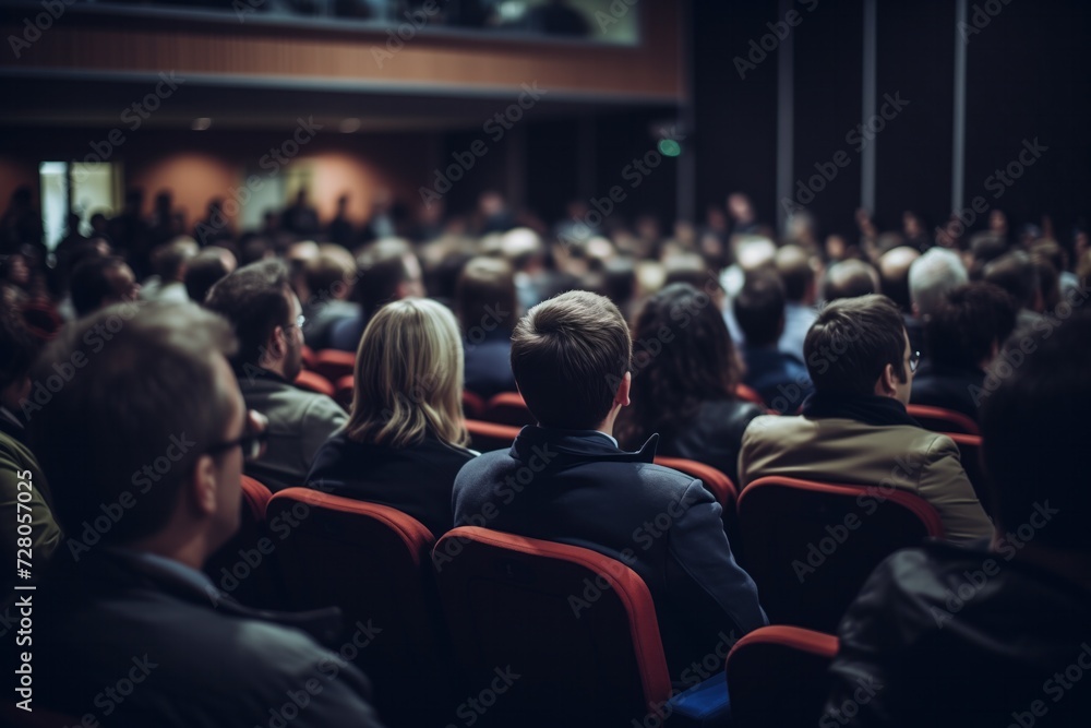 A focused audience sits in a conference hall, attentively looking towards the stage, capturing the essence of a professional gathering or seminar - obrazy, fototapety, plakaty 