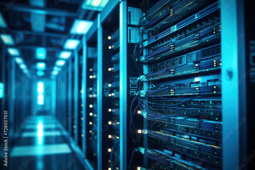 A corridor in a data center lined with high-tech rack servers featuring LED indicators and organized cabling under atmospheric blue lighting A corridor in a data center lined with high-tech rack servers featuring LED indicators and organized cabling under atmospheric blue lighting