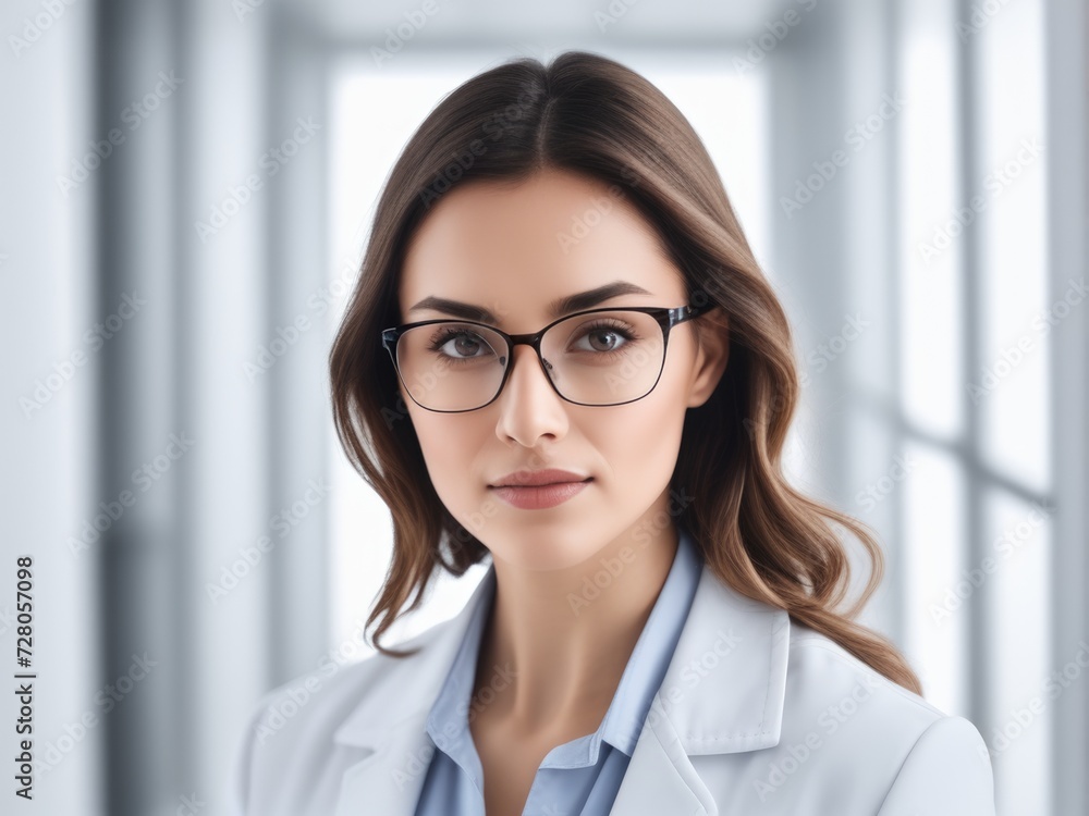 Woman portrait of a doctor wearing a white coat and eyeglasses