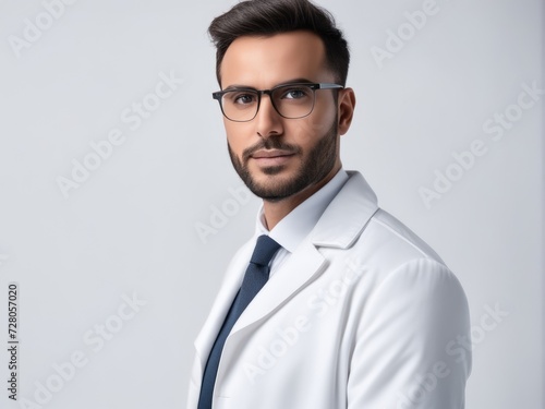 Man portrait of a doctor wearing a white coat and eyeglasses