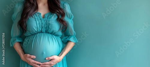 Comprehensive health check up of pregnant woman in clinic with solid background   space for text