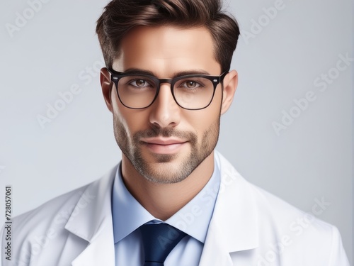Man portrait of a doctor wearing a white coat and eyeglasses