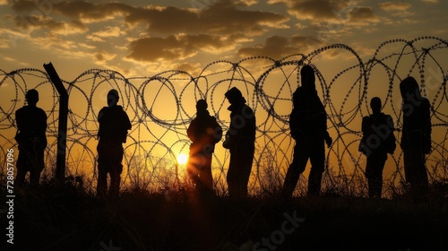 migrants' silhouettes behind barbed wire at a border crossing, conveying the human struggle and the barriers they face in their quest for a better life. photo